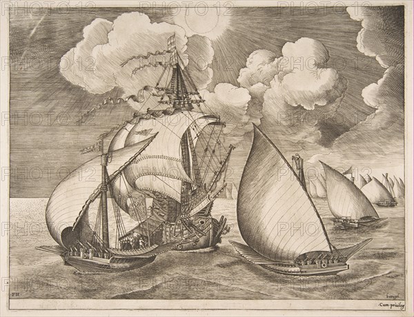 Fleet of Galleys Escorted by a Caravel from The Sailing Vessels, 1561-65. Creator: Frans Huys.