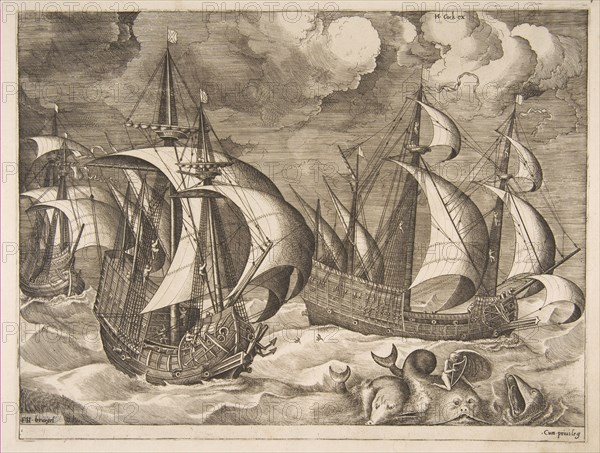 Three Caravels in a Rising Squall with Arion on a Dolphin from The Sailing Vessels, 1561-65. Creator: Frans Huys.
