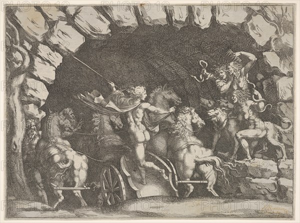 Pluto, seen from behind, entering the Underwold on his chairot, Cereberus and three Fu..., ca. 1680. Creator: Pietro Santi Bartoli.