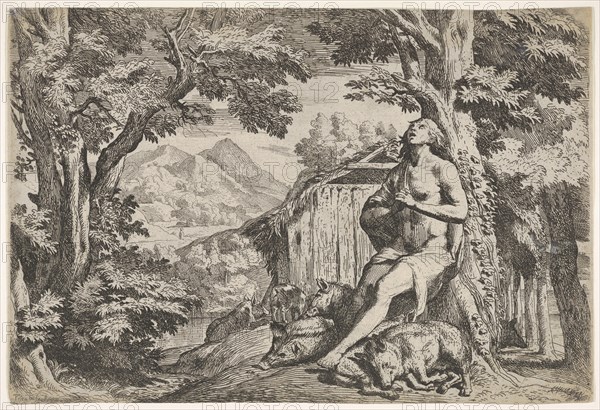 The prodigal son seated at the base of a tree among swine, his gaze directed upward..., ca. 1640-50. Creator: Pietro Testa.