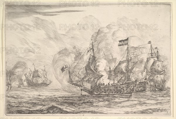 Naval Encounter with Three Vessels on the Right, from Naval Battles