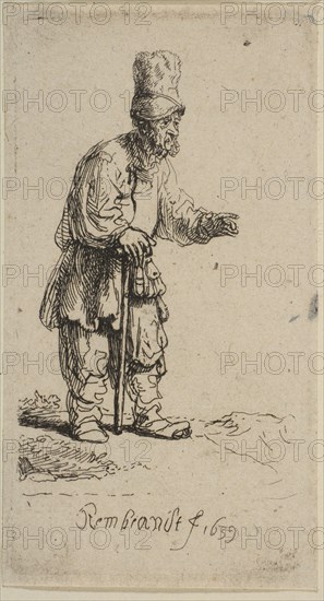 A Peasant in a High Cap, Standing Leaning on a Stick, 1639. Creator: Rembrandt Harmensz van Rijn.