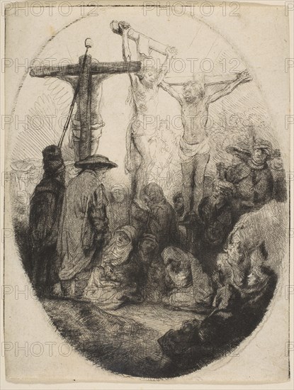 Christ Crucified Between Two Thieves; oval plate, ca. 1641. Creator: Rembrandt Harmensz van Rijn.