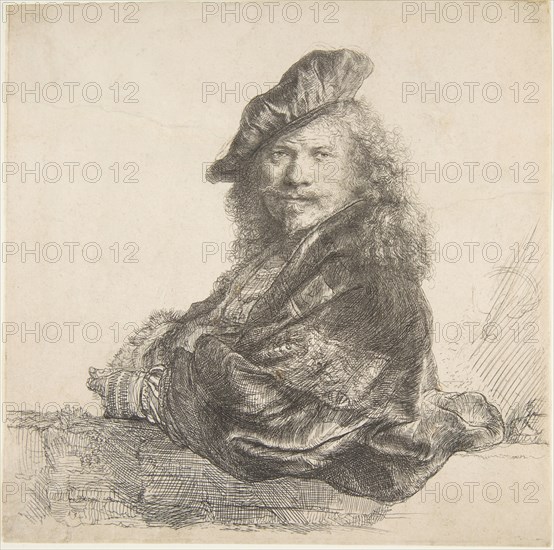 Self-Portrait, Leaning on a Stone Wall, 1639. Creator: Rembrandt Harmensz van Rijn.