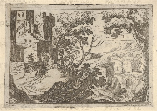 Landscape with buildings to the left and a bridge at right below, ca. 1620-50. Creator: Remigio Cantagallina.