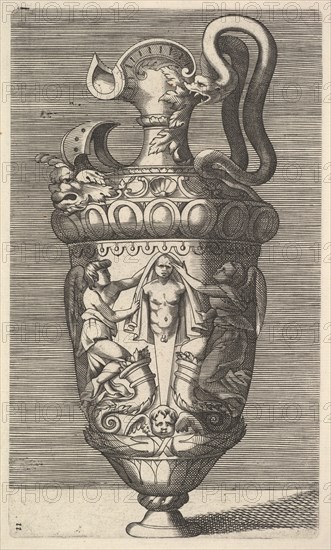Vase with Two Winged Figures Draping a Term, 17th century. Creator: Rene Boyvin.