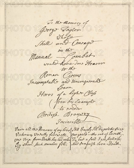 To the Memory of George Taylor Whose Skill and Courage in Manual Combat Would Have Done Ho..., 1782. Creator: Richard Livesay.