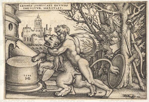 Hercules, in profile, killing the Nemean lion with his arm around its neck, from 'The labo..., 1548. Creator: Sebald Beham.