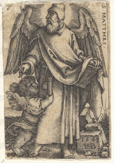 Plate 1: Saint Matthew with his head turned in profile to the left, a cherub at bottom lef..., 1541. Creator: Sebald Beham.