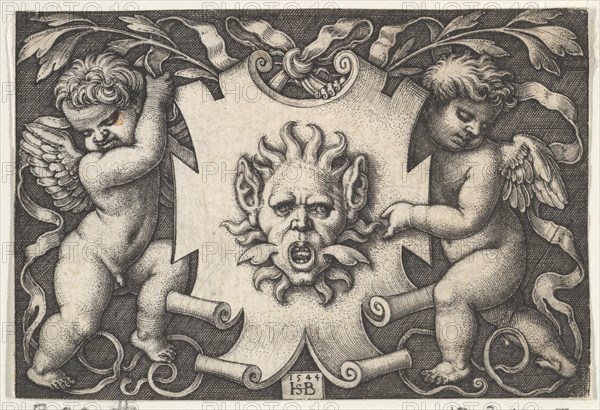 A Mask on an Escutcheon Supported by Two Genii, 1544. Creator: Sebald Beham.