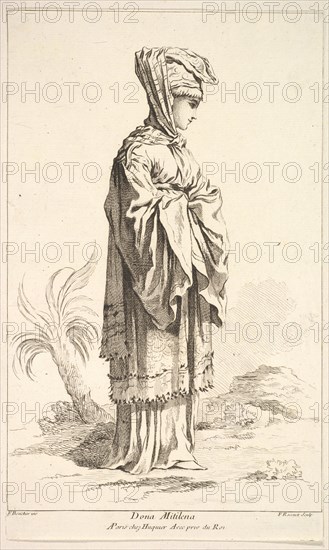 Dona Mitilena, from Recueil de diverses fig.res étrangeres Inventées par F. Bouche..., 18th century. Creator: Simon François Ravenet.