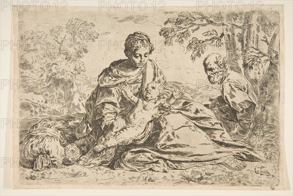 Rest on the flight into Egypt, Mary holding the infant Christ with St. Joseph ..., ca.1640 or after. Creator: Unknown.