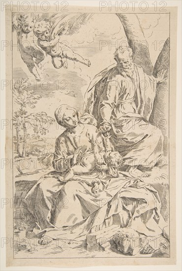 Rest on the flight into Egypt, Mary holding the infant Christ while St. Joseph hands h..., ca. 1639. Creator: Simone Cantarini.