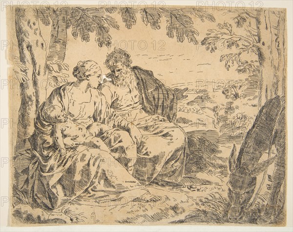 Rest on the flight into Egypt, Mary holding the infant Christ while St. ..., ca. 1637-1639 or after. Creator: Simone Cantarini.