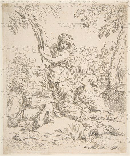 Repose in Egypt, Mary nursing the infant Christ while an angel pulls at tree branches, ca. 1639. Creator: Simone Cantarini.