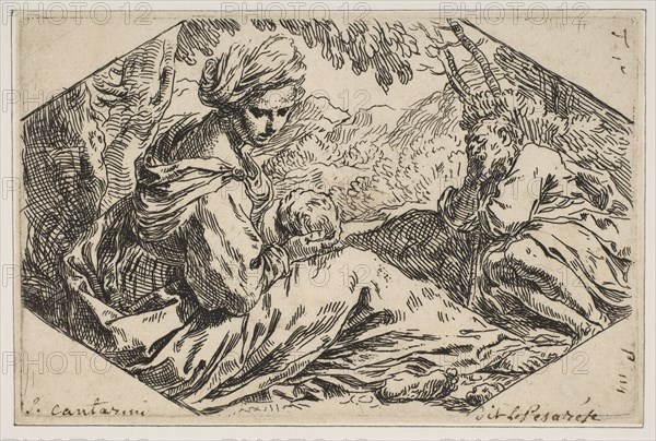 Repose in Egypt, Mary holding and looking at the infant Christ while St. Joseph s..., ca. 1637-1639. Creator: Simone Cantarini.