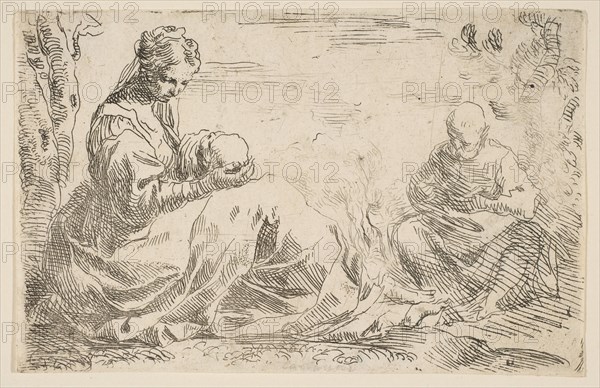 Rest on the flight into Egypt, Mary holding and looking at the infant Christ while St...., ca. 1637. Creator: Simone Cantarini.