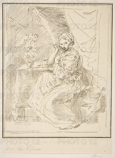 A female figure seated beside a flower vase, 1775. Creator: Unknown.