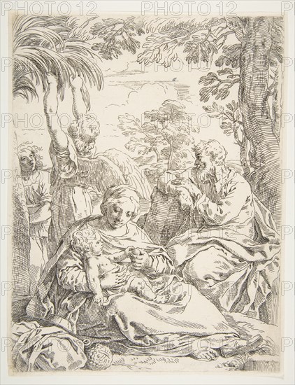 The Holy Family resting on their flight into Egypt, ca. 1637-1639. Creator: Simone Cantarini.