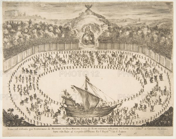 Parade float in the form of a ship, coat of arms of the Grand Duke of Modena at top, 1652. Creator: Stefano della Bella.