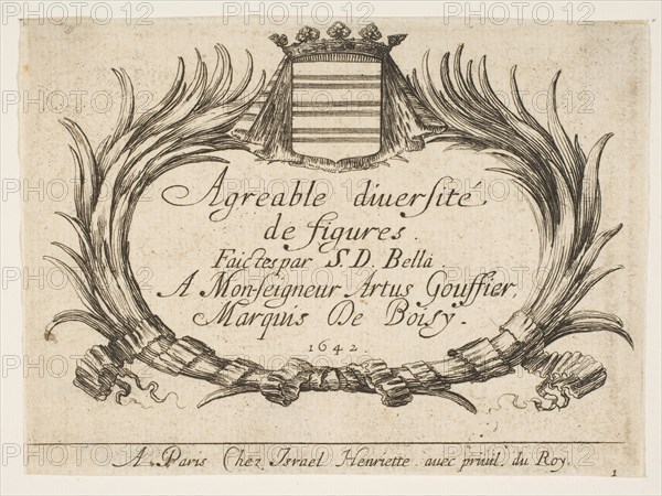 Plate 1: Two palms and a coat of arms frame the title and dedication, title page for 'Vari..., 1642. Creator: Stefano della Bella.
