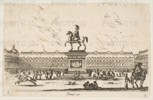 Plate 3: La Place Royale, equestrian statue of Louis XIII in profile facing the left in ce..., 1642. Creator: Stefano della Bella.