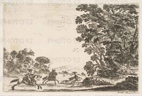 Plate 4: a deer hunt, two horsemen galloping towards the left behind three dogs and a deer..., 1642. Creator: Stefano della Bella.