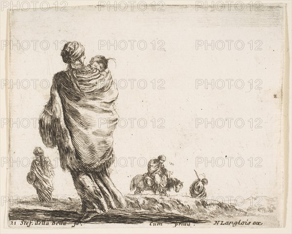 Plate 21: a poor woman to left, seen from behind, enveloping her child in a shawl..., ca. 1644-47. Creator: Stefano della Bella.