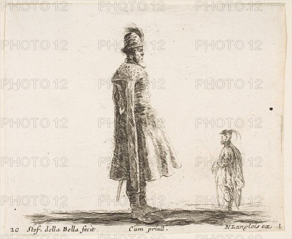 Plate 20: an old Polish nobleman wearing a plumed hat in center, standing in profil..., ca. 1644-47. Creator: Stefano della Bella.