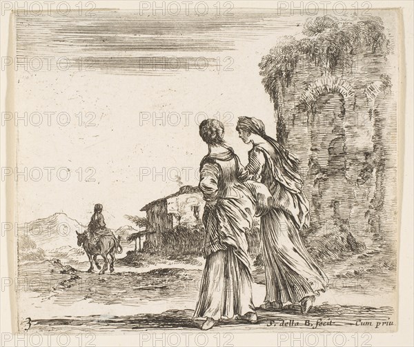 Plate 3: two girls walking towards the left, seen from behind, a woman on a horse t..., ca. 1644-47. Creator: Stefano della Bella.