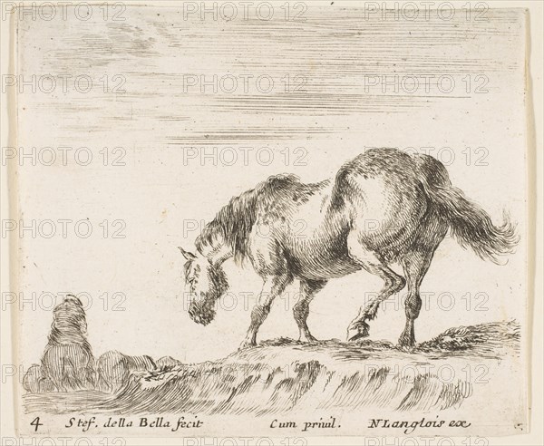 Plate 4: a horse in profile facing the left, about to descend from a mound, a horse..., ca. 1644-47. Creator: Stefano della Bella.