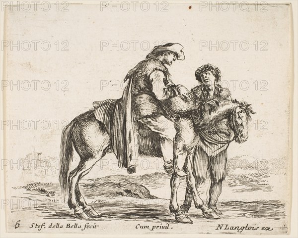 Plate 6: a peasant on horseback in profile facing the right, holding a basket and t..., ca. 1644-47. Creator: Stefano della Bella.