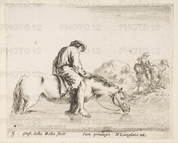 Plate 5: a barefoot peasant on horseback crossing a river, another peasant on horse..., ca. 1644-47. Creator: Stefano della Bella.
