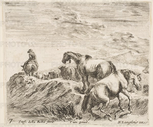 Plate 7: two horses ascending the bank of a river at right, following a procession ..., ca. 1644-47. Creator: Stefano della Bella.