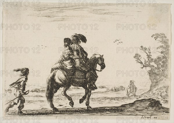 Plate 10: a horseman and a woman, seen from behind, riding towards the right with a young ..., 1642. Creator: Stefano della Bella.