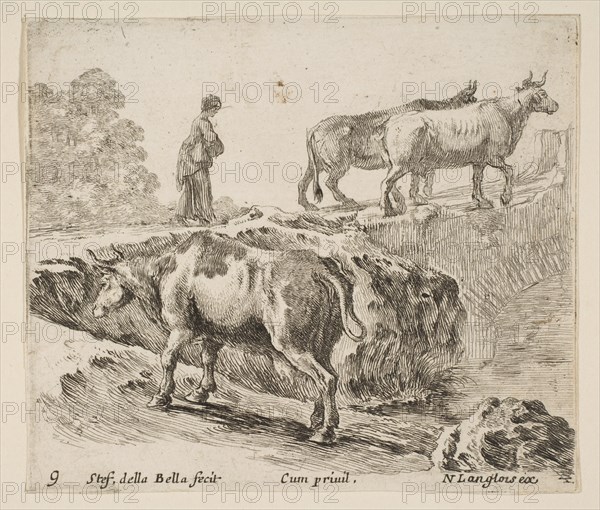 Plate 9: a cow ascending a bank, a peasant woman leading two cows across a bridge i..., ca. 1644-47. Creator: Stefano della Bella.