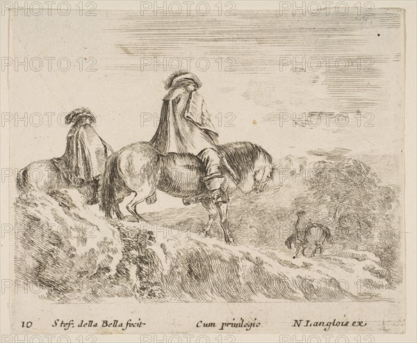 Plate 10: two horsemen descending a mountain at left, another horseman to right in ..., ca. 1644-47. Creator: Stefano della Bella.