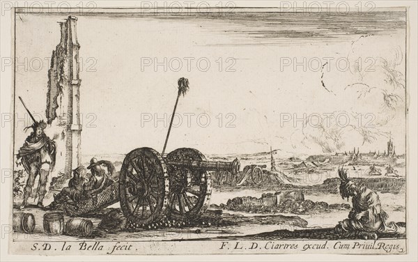 Plate 2: A cannon to the left, a town in the background, from 'Various Military Capric..., ca. 1641. Creator: Stefano della Bella.