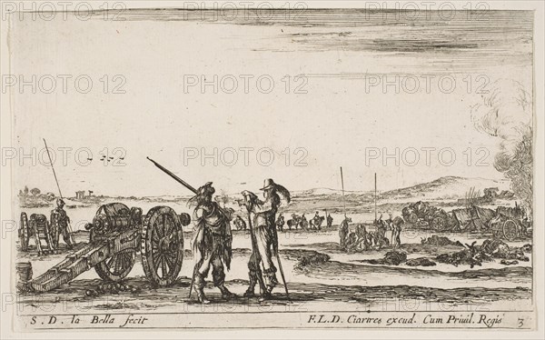 Plate 3: An officer giving orders to a solider in centre foreground, cannon at left, f..., ca. 1641. Creator: Stefano della Bella.