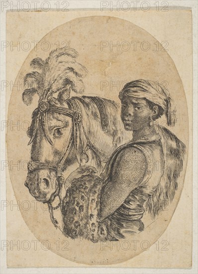 Black slave carries a leopard pelt and holds the bridle of a horse, from 'Several heads..., 1649-50. Creator: Stefano della Bella.