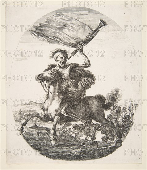 Death on horseback holding a trumpet, from 'The five deaths'