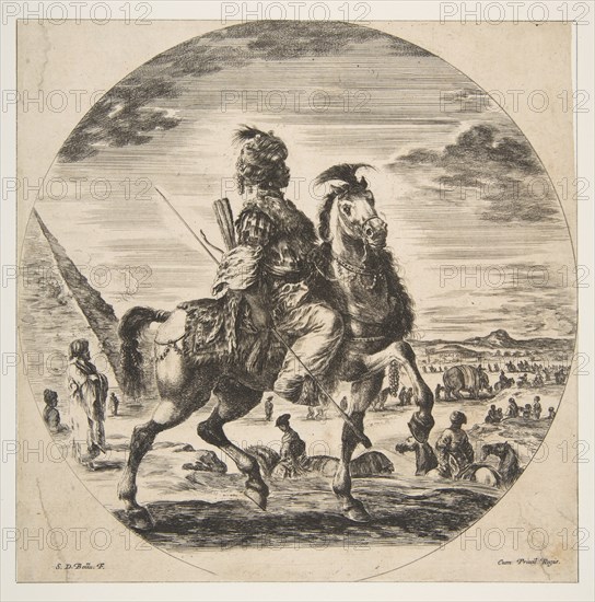 Moorish horseman in profile facing right, in the background a pyramid at left, many fi..., ca. 1651. Creator: Stefano della Bella.