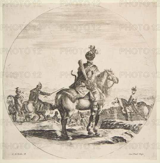 Polish horseman with a bow and arrow, seen from behind with his horse facing right, a ..., ca. 1651. Creator: Stefano della Bella.