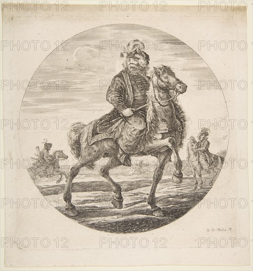 Hungarian horseman riding towards the right, other horsemen in the background, a circu..., ca. 1651. Creator: Stefano della Bella.