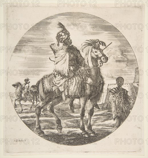 Moorish horseman in profile facing right, a black slave holding a fur at right, anothe..., ca. 1651. Creator: Stefano della Bella.