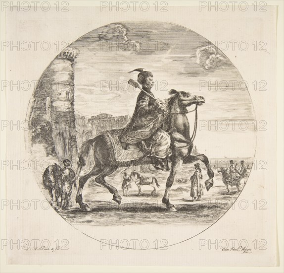 Polish horseman in profile facing right, a tower and other figures on horses in backgr..., ca. 1651. Creator: Stefano della Bella.