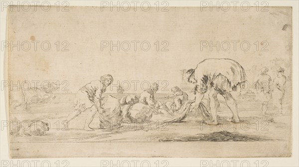 A fisherman bringing in his nets, a man at left pushing a bale to the right, two seate..., ca. 1662. Creator: Stefano della Bella.