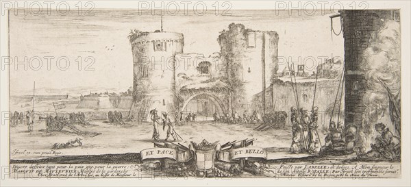 An entrance to a fortress in center, a woman with child seated by a fire to right, sol..., ca. 1641. Creator: Stefano della Bella.