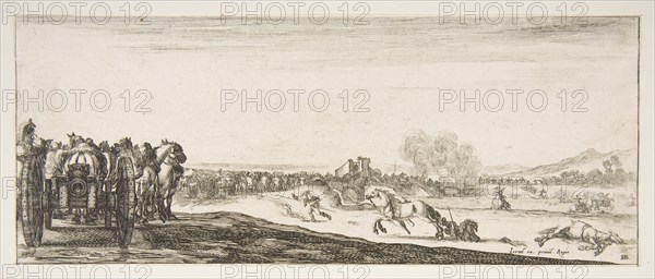 A procession of horse-drawn cannon carriages to left, horsemen in combat and a dead ho..., ca. 1641. Creator: Stefano della Bella.