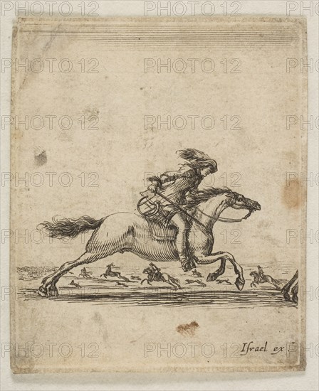 A horseman with sword in hand galloping towards the right, other horsemen galloping..., ca. 1645-46. Creator: Stefano della Bella.